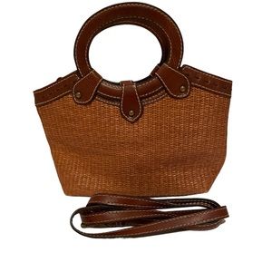 Fossil Purse Wicker Rattan Tan and Leather Crossbody Bag Circle Handle